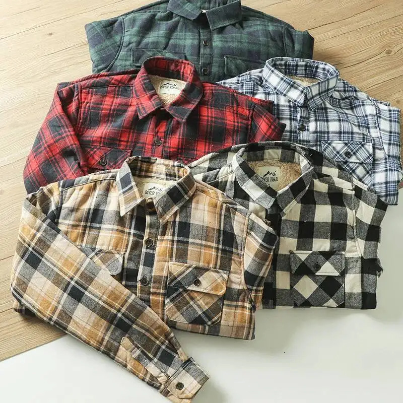 Fall Winter Mens Plaid Flannel Shirts Jackets Outwear Thick Warm Long Sleeve Fleece Lined Button Down Shirt With Chest Pockets 251216