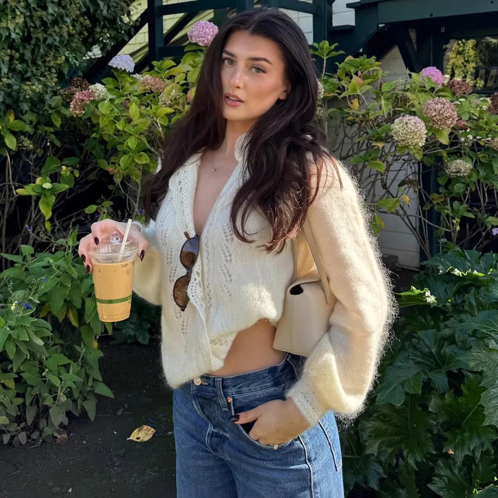 Tuularose Womens White Cardigan Fashion Hollow Lace Patchwork Loose Sweaters Elegant Office Basic Autumn Female Cardigan 251224