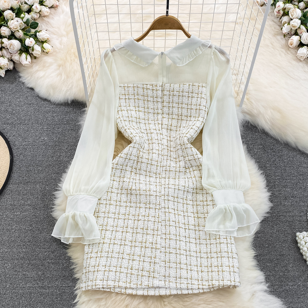 New Autumn Style French-style Chic And Elegant Slim-fit Chiffon Patchwork Tweed Long-sleeved Fitted A-line Skirt For Ladies With A Waistband