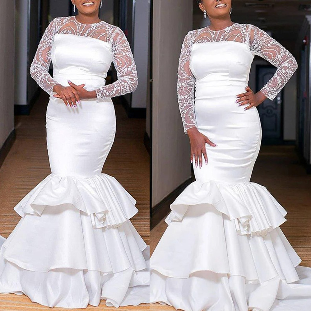 Black Girls Mermaid Wedding Dresses Sheer Neck Long Sleeve Appliques Bridal Gowns Vestido Blanco Customized Tiered Train