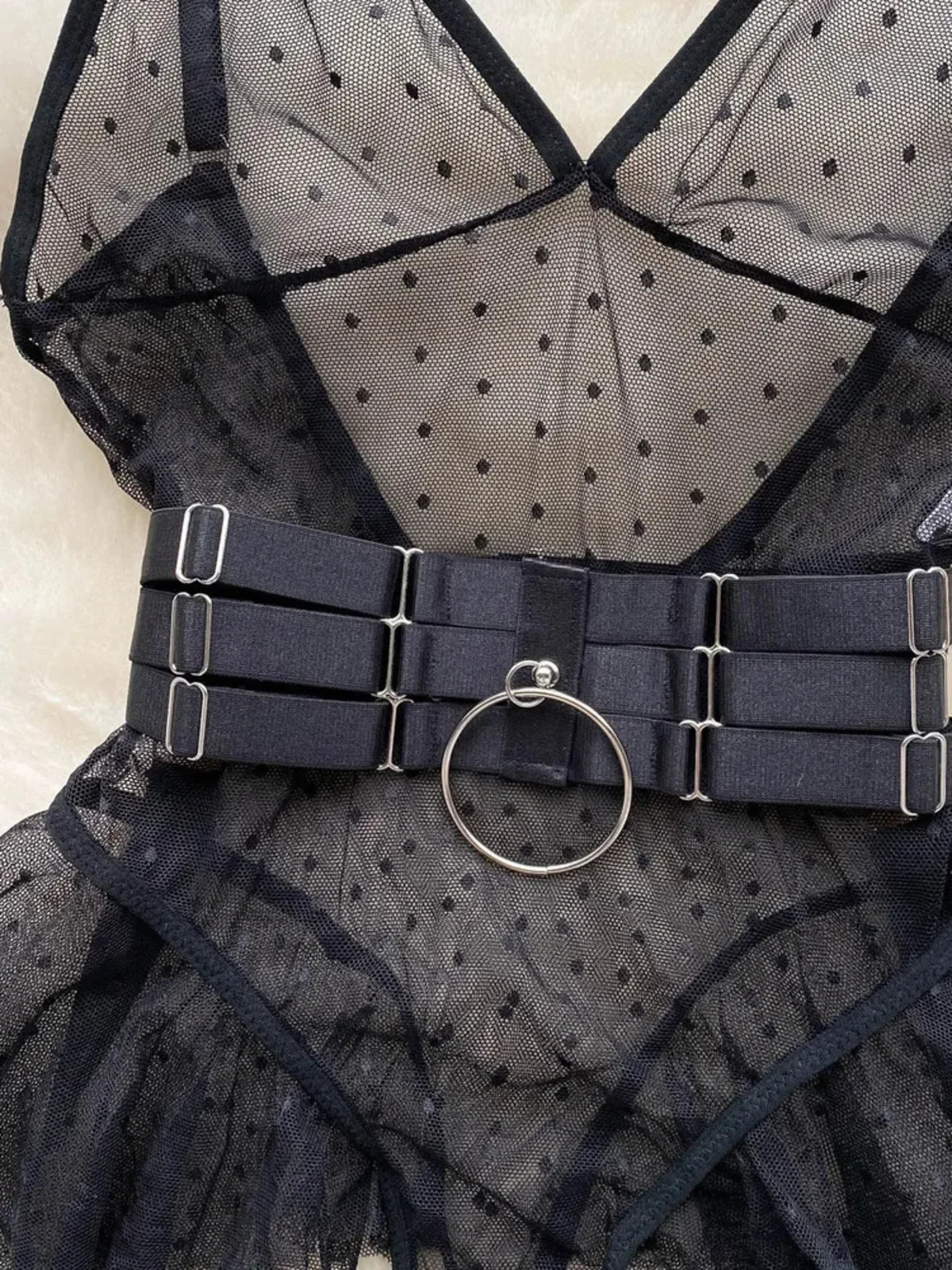 trendy Girl Sexy Mesh Bottom Strap Vneck onepiece Top bodysuit womens Slimming Waist Ruffle Hemp Vest Jumpsuit 251231