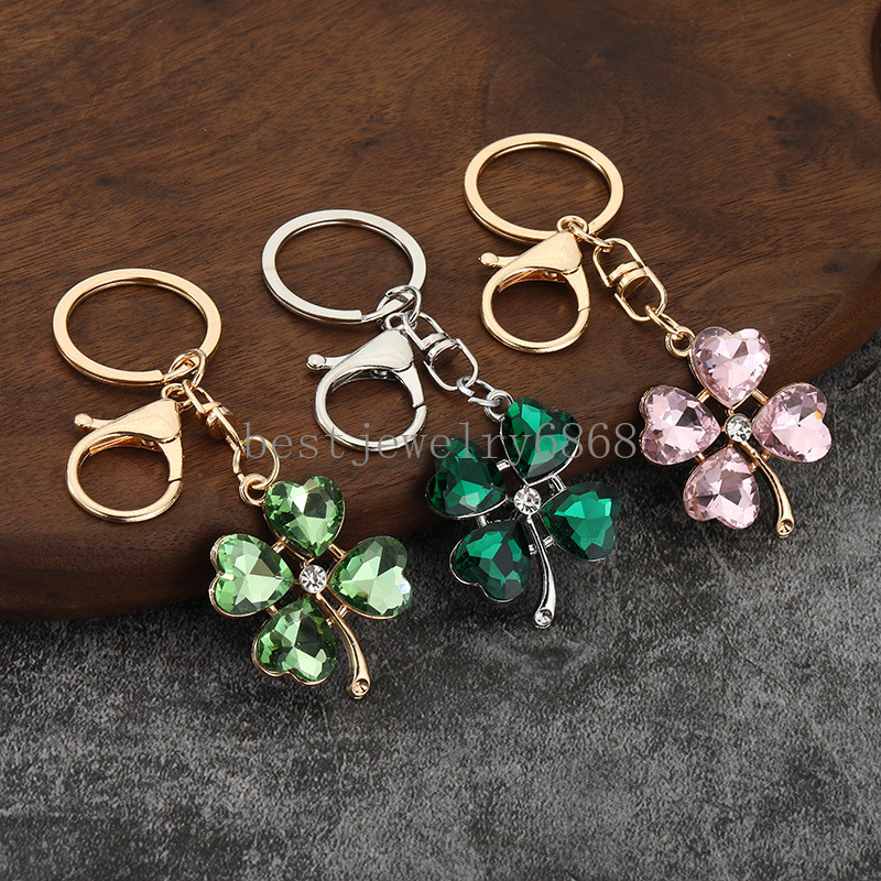 Luxury Rhinestone Four-Leaf Clover Keychain Green Leaf Fashion Keyring Bag Charm for Women Trendy Exquisite Gift