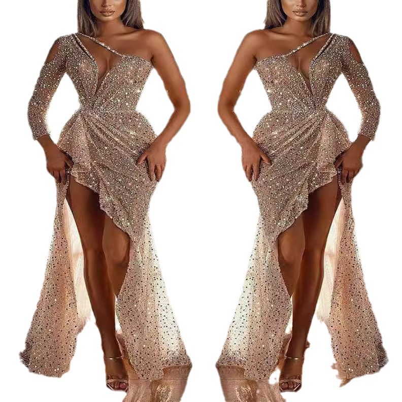 Women's Dream Socialite Party Party Quality Sexy High Slit Long Sleeve Sequin Dinner Gown