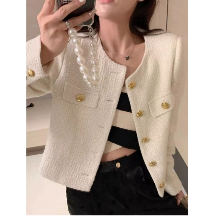 2026 Spring and Autumn New Style High end Round Neck Small Fragrant Style Short Coat for Women Small and Tall Exquisite French Coarse Hemp