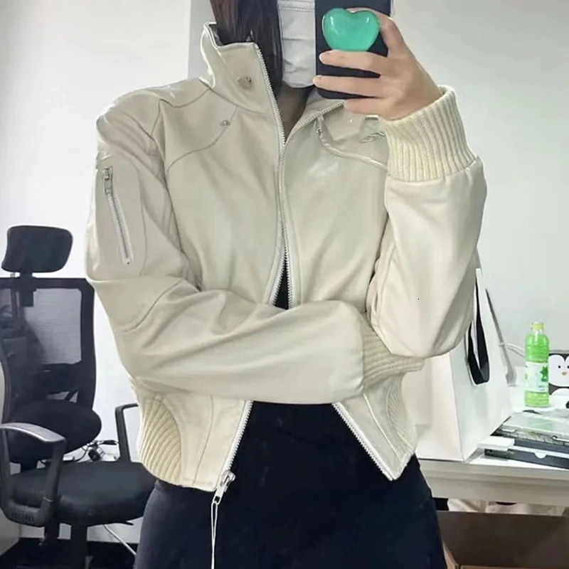 Women Vintage American Pu Leather Jacket Motorcycle Stand Collar Long Sleeve Outwear Harajuku Y2K Slim Punk Zip Cropped Coat 251205