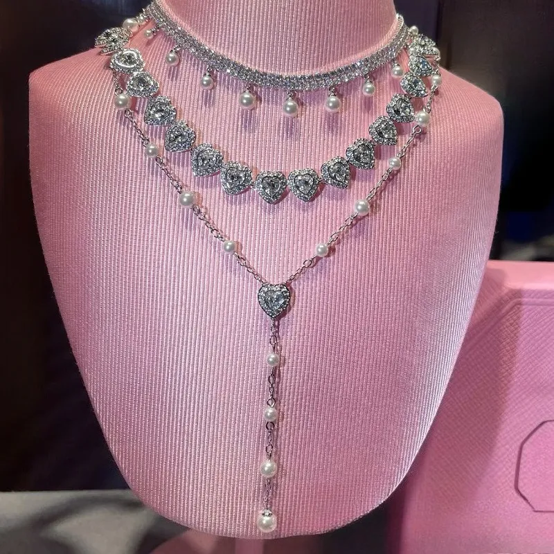 High end crystal love heart diamond designer necklace for women pearl chain sweet hearts choker necklaces jewelry for wedding party top quality