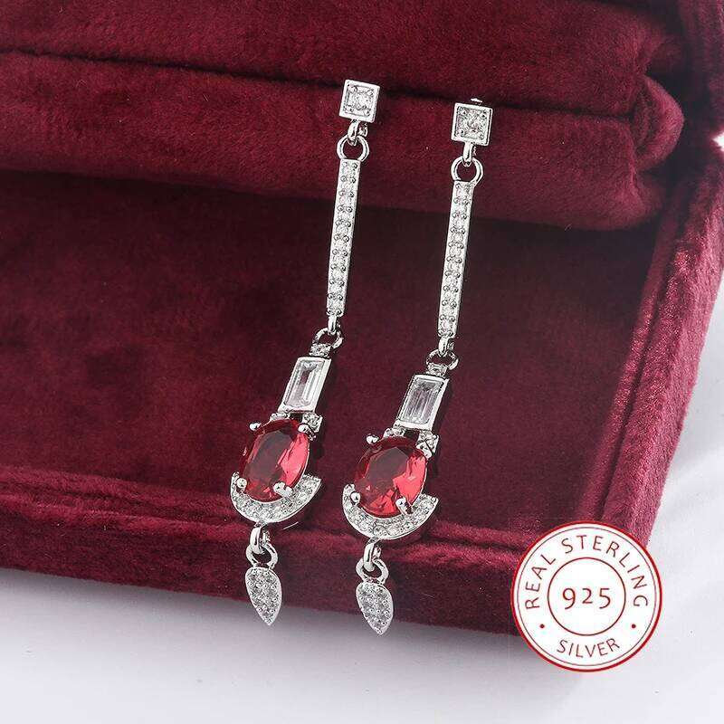 2024 Baguette Oval Ruby Full Diamond Long Tassel Stud Earrings for Women Zircon S925 Silver Plated Valentine Gift Jewelry