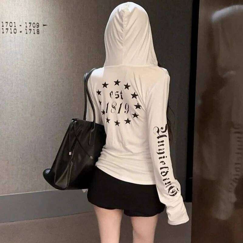 Student hooded long sleeved women's spring, autumn, winter spicy girl print top, base coat, outer wear, inner wear