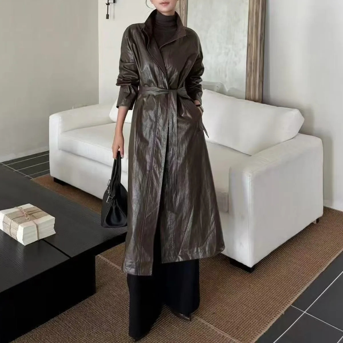 BJTZ PU Leather Belt Waist Midlength Loose Fit Windbreaker Jacket For Woman 2025 Fashion Office Lady Lapel Female Trench 251231