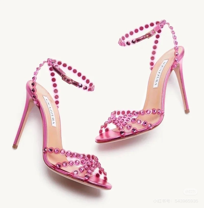 Top quality rhinestone Stiletto heel sandals clear PVC high heels crystal Ankle strap open toes High heels womens Luxury designer fashion Style heeled shoes 34-43