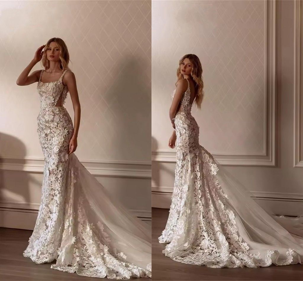 Designer Flowers Lace Wedding Dress Spaghetti Straps Boho Garden Bridal Gowns Sweep Train Backless Sexy Bridal Gowns Tulle Long Train Bride Vestidos De Novia LG0119