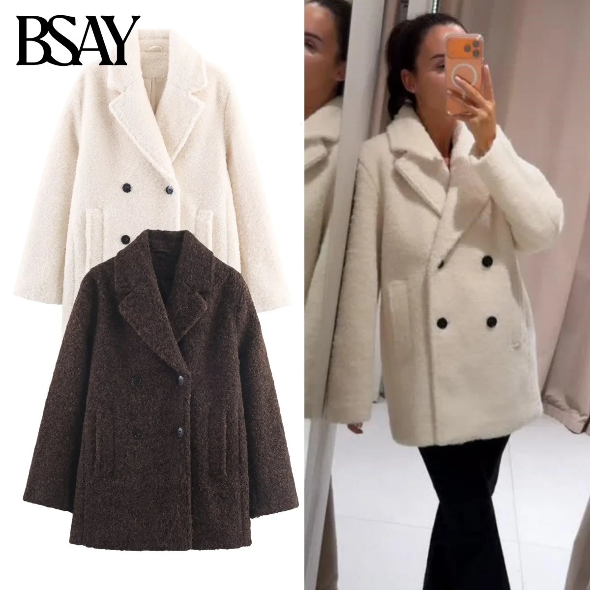 BSAY Double Breasted Coat for Women Fashion Autumn Winter white woolen fabric warm short overcoat Chic Ladies Tops Mujer 251216