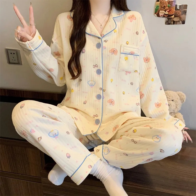 TwoPiece Set Ladies Pajamas LongSleeved Cartoon Sweet Cute Print Cardigan Home Wear Simple Sleepwear Winter Autumn 251231