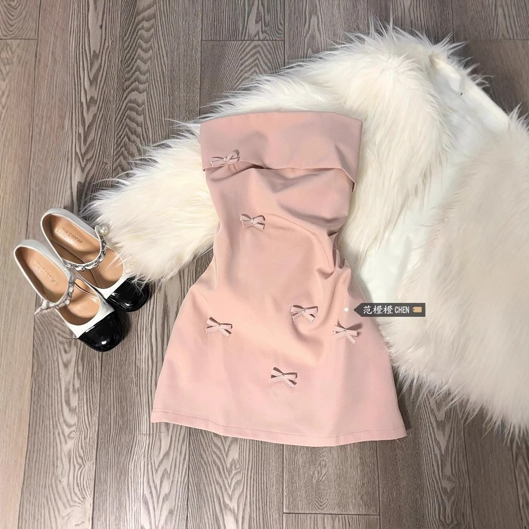 Korean Style Pink Three-Dimensional Bowknot Strapless Dress for Women Spring Summer Pure Desire Style Hot Girl Waist-Cinching Short Dress