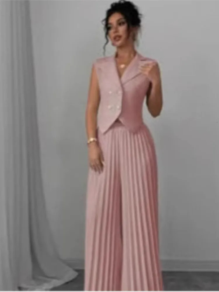 Women Fashion Solid Office Suit Casual Slim Button Two Piece Set Elegant Turn Down Collar Sleeveless BlazerPleat Pants Outfits 251225