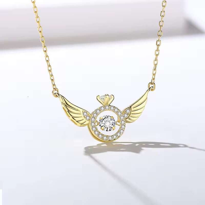 S925 Silver Angel Wings Beating Heart Necklace for Women Gold Plated Inlaid Dynamic Minimalist Niche Design Collarbone