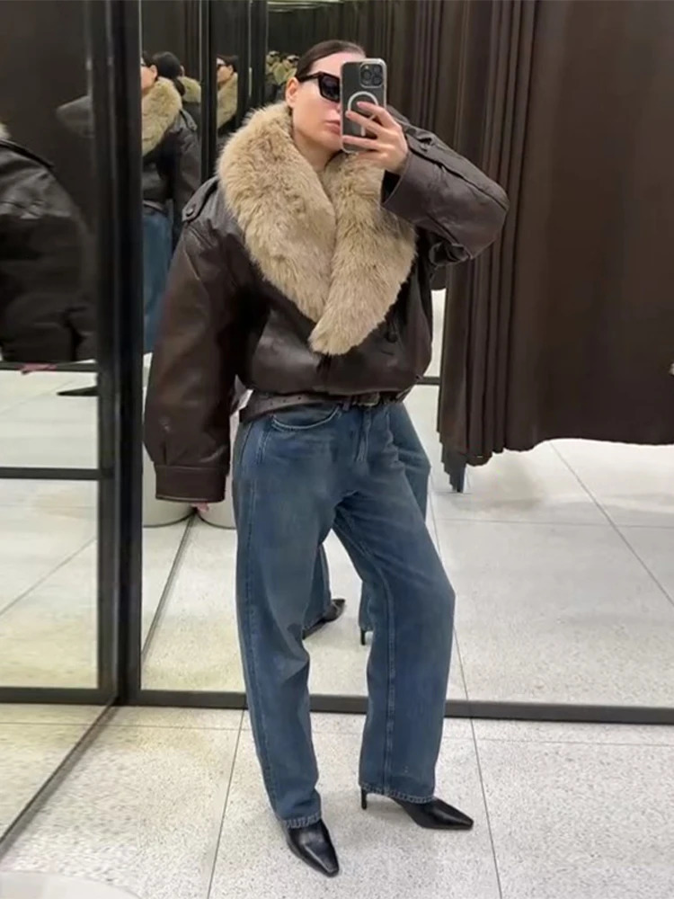 Fashion PU Leather Short Jacket Women Fur Collar Contrast Doublebreasted Warm Coat Female 2025 Autumn Winter Outwears 251216