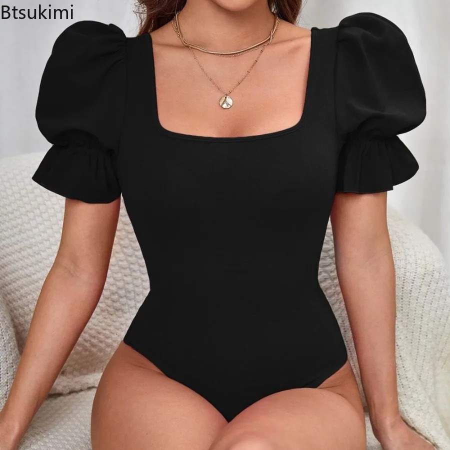 2025 Bubble Sleeve Black Bodysuits Solid Color Summer Fashion Temperament Slim Fit Sexy Tops s Clothes for Women 251231