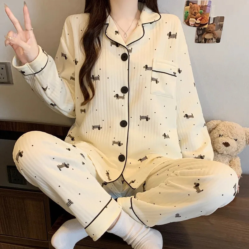 TwoPiece Set Ladies Pajamas LongSleeved Cartoon Sweet Cute Print Cardigan Home Wear Simple Sleepwear Winter Autumn 251231