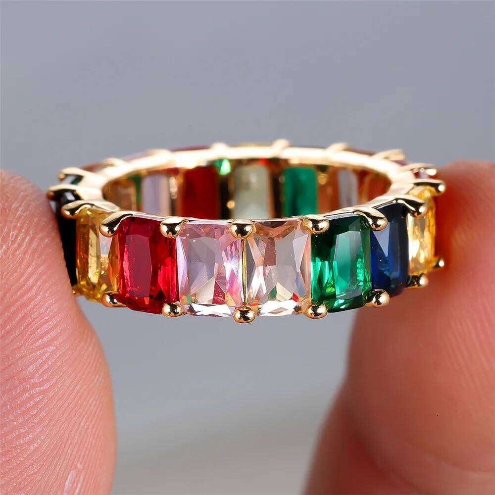 Mystic Rainbow Crystal Multicolor Zircon Square Stone Rings Yellow Gold Color Wedding Jewelry For Women