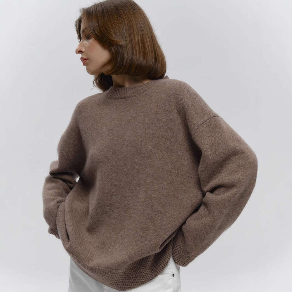 Cross-Border Round Neck Dark European and American Autumn Winter New Loose Warm Simple Pullover Solid Color Knitted Sweater