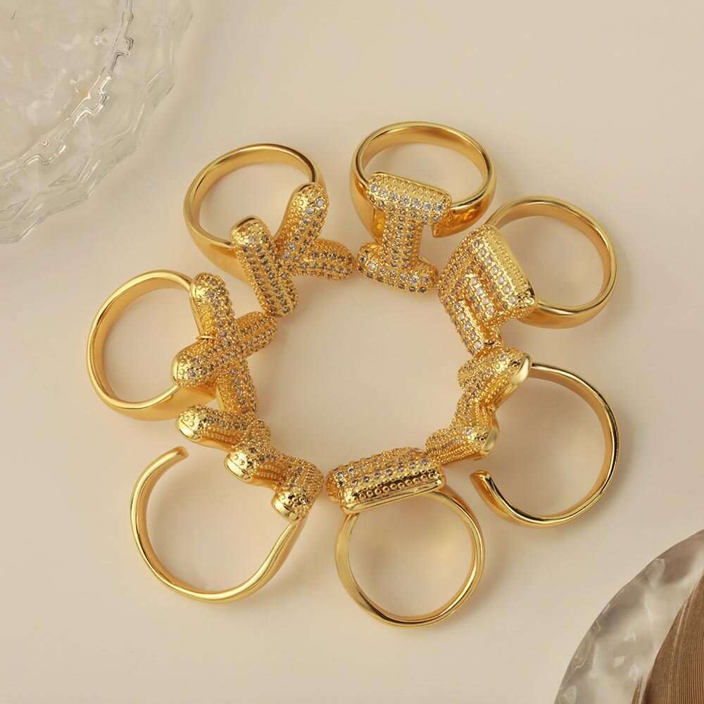 2 pcs Fashion Gold Ring 26 Alphabet Rings with Diamond Copper Inlaid Zircon Open Non-fading Jewelry for Women Wedding Party Birthday Minimalist Style