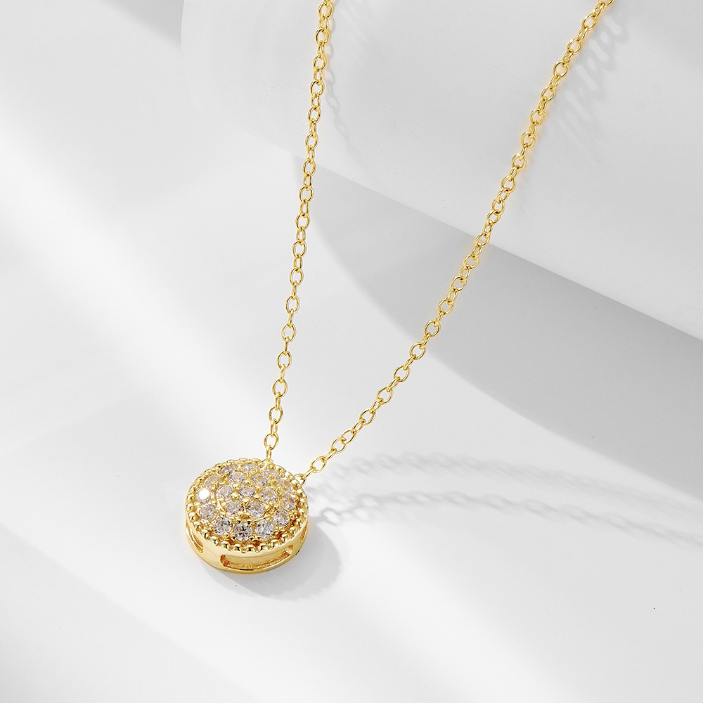 S925 Sterlg Silver Micro Pave Zircon Round Pendant Necklace for Women, European and American Cross-Border Light Luxury Fashion Simple Versatile Collarbone