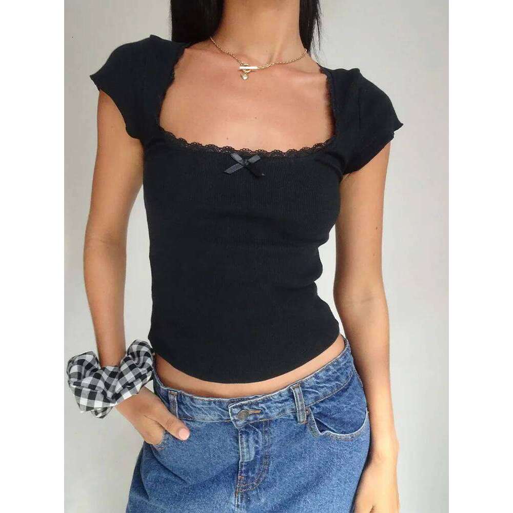 y2k Vintage Baby Cottage Lace Trim Knitted T-Shirt Summer Square Neck Short Sleeve Tee Shirt Women White Milkmaid Crop Top