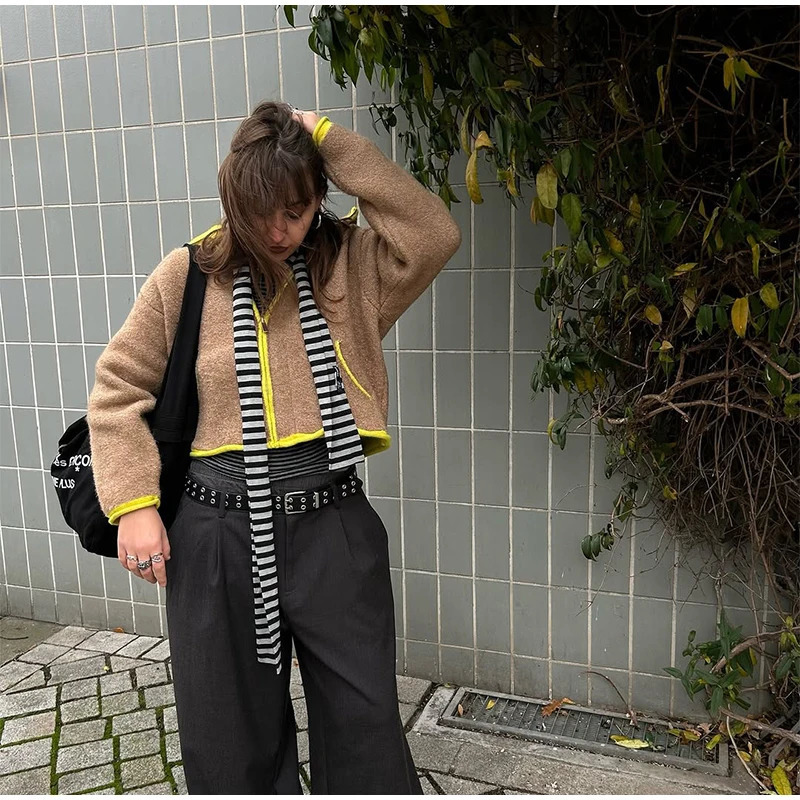 Women Fashion Contrasting Knitted Cardigan Elegant Long Sleeve Pockets Zipper Sweater 2026 Spring Street Lady Chic Outwear 251224