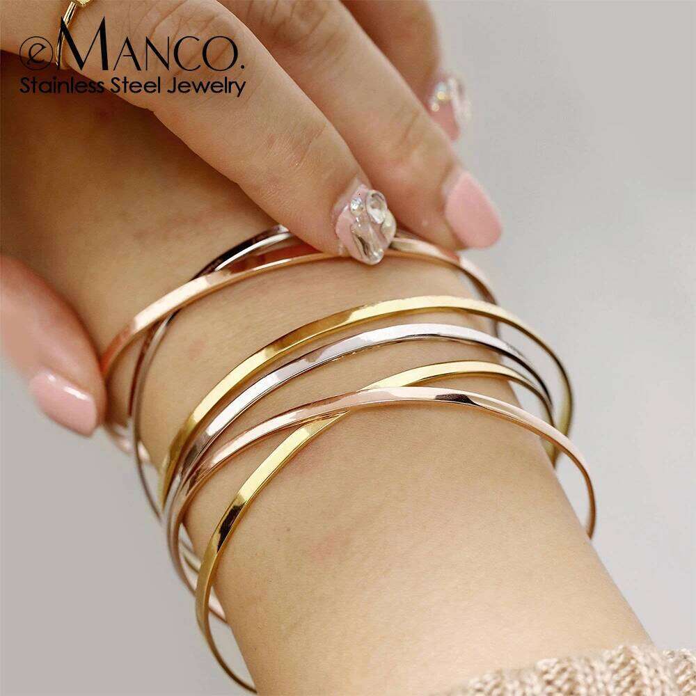 eManco 4MM 6MM Stainless Steel Gold-Plated Bracelets Simple Open Bangles Couple Accessories Gift Factory Direct