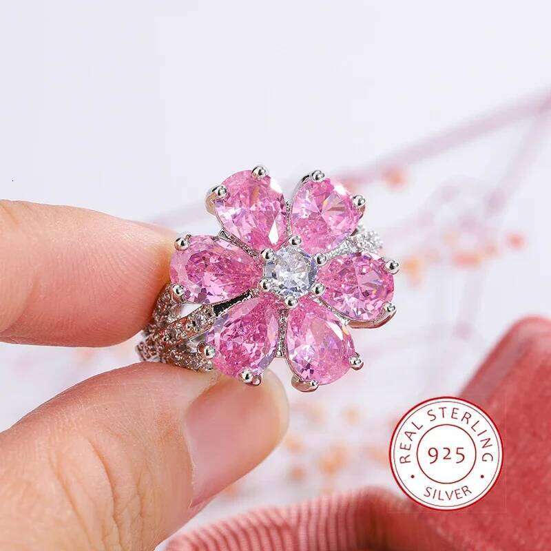 Exquisite Colorful Zircon Fashion Pink Flowers Women's Engagement Party Jewelry Peach Blossom Silver Ring