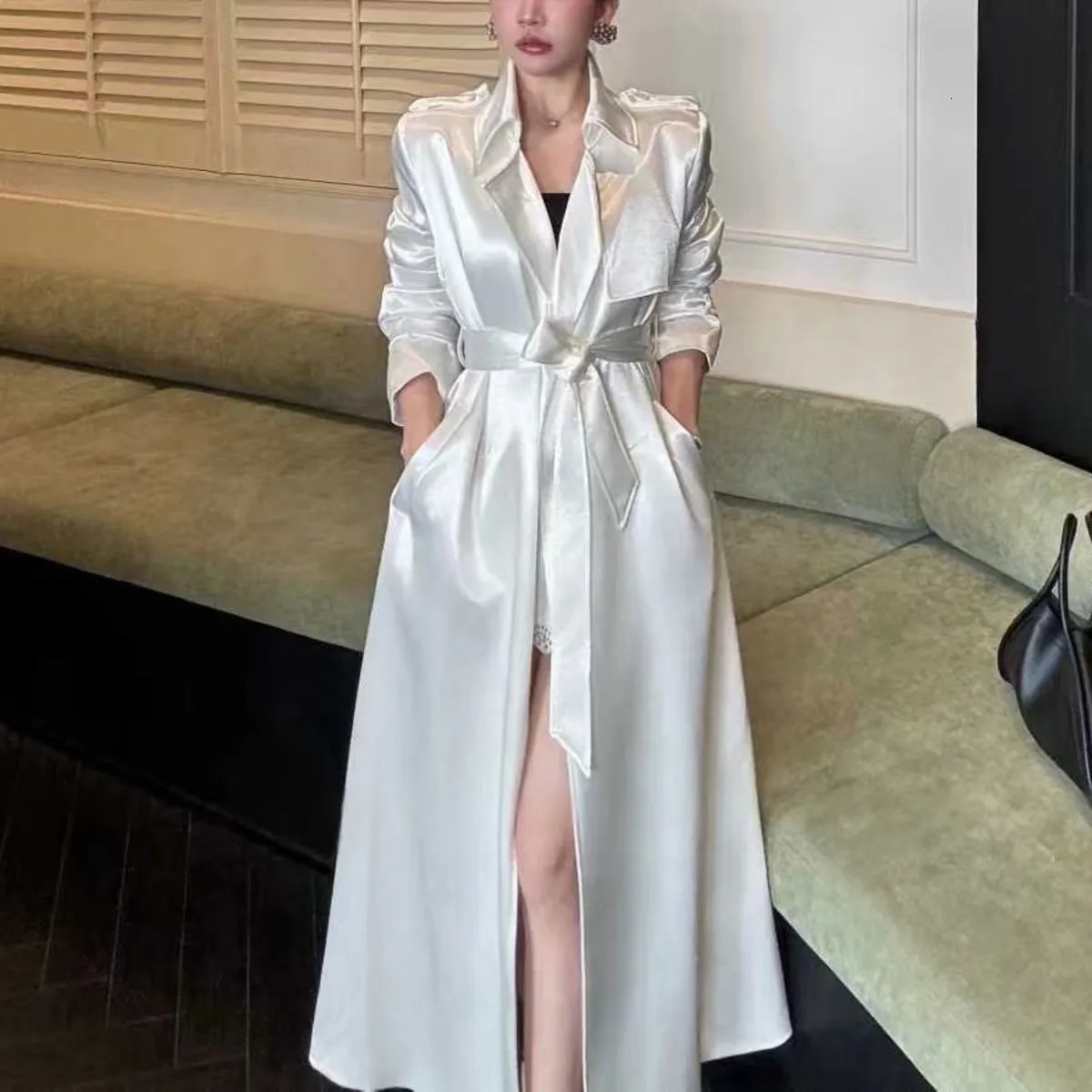 KWTX 2025 Autumn Loose Trench Coat Vintage Lapel Draped Long Overcoat With Belt Elegant Casual Minimalist Style Fall Fashion 251231