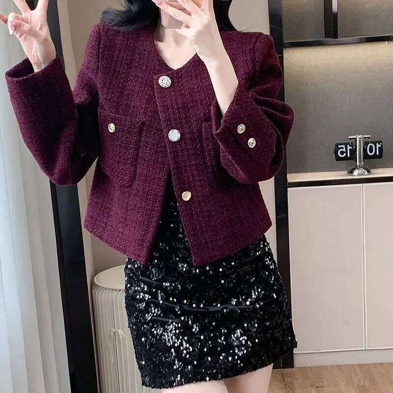 Purple Tweed Short Jacket Women's Coarse Woolen Coat Spring Autumn O-Neck Single-Breasted Streetwear Lady Outerwear