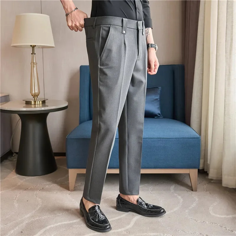 Mens Suit Pants 2026 Spring British Style Elastic Waist Solid Casual Formal Dress Pants Slim Fit Trousers for Men Clothing 251227