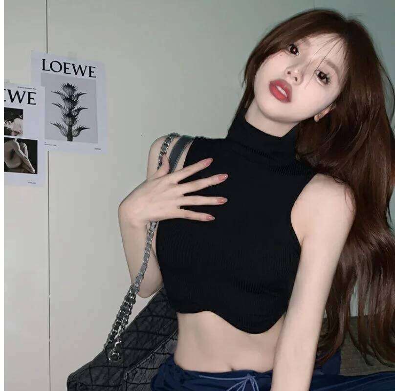 Y2K black knitted short top, female sexy elastic vest, street wear, vertical stripe high neck backless tight top