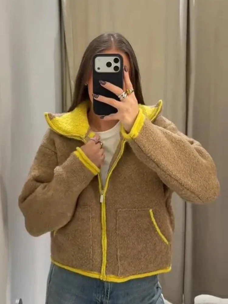 Women Fashion Contrasting Knitted Cardigan Elegant Long Sleeve Pockets Zipper Sweater 2026 Spring Street Lady Chic Outwear 251224