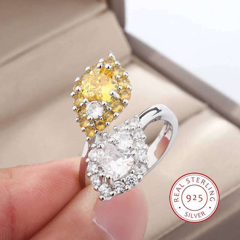 925 Silver Treasure Series High-end Yellow Diamond Claw-set Gemstone Rings for Women Light Luxury Leaf-shaped Open Ring