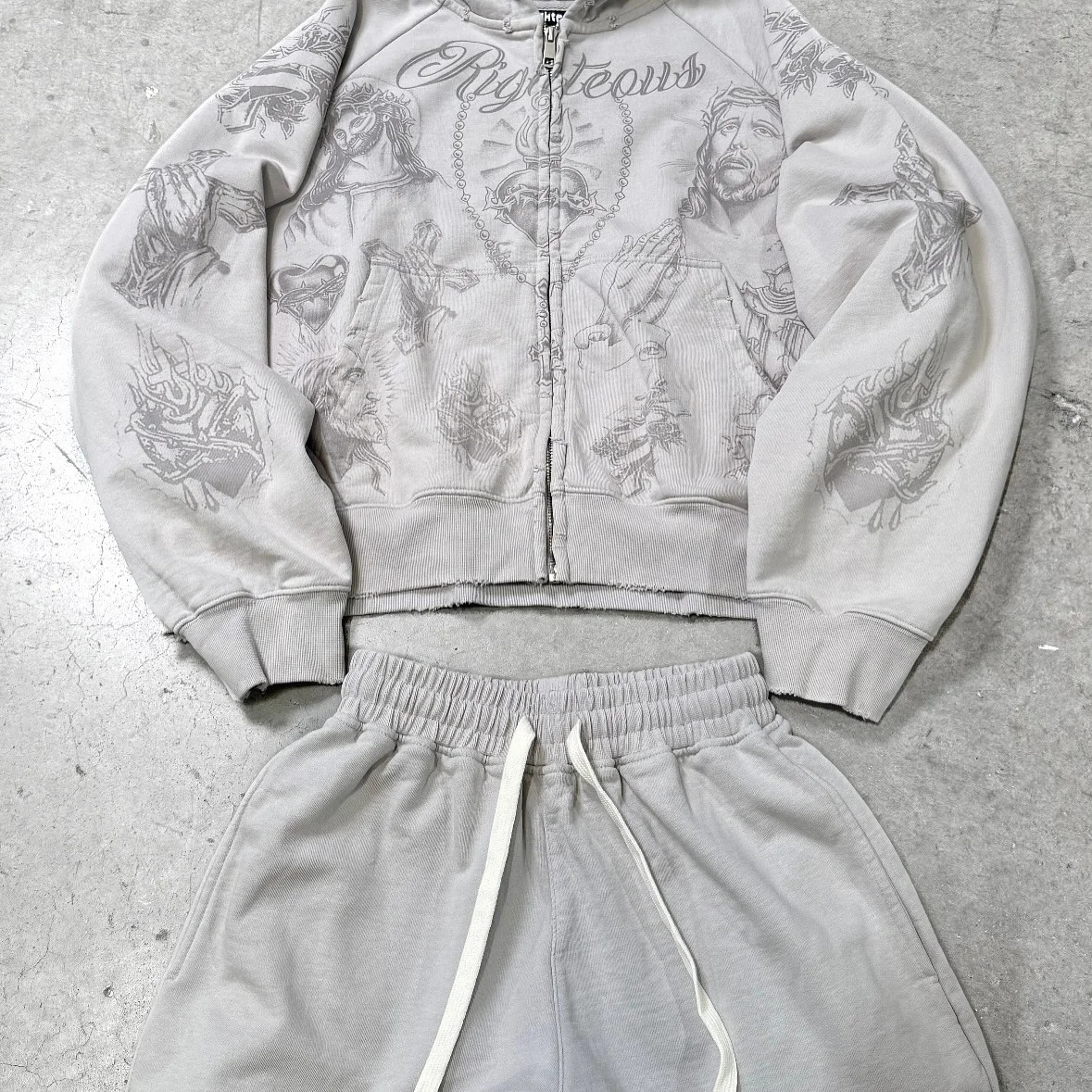 Tatted Believer Cropped Zip Up Sweatshirt and Sweatpants 2-piece Set Y2k Harajuku Men Women Tracksuit Hoodie Running Pants Suit 251225 C260312