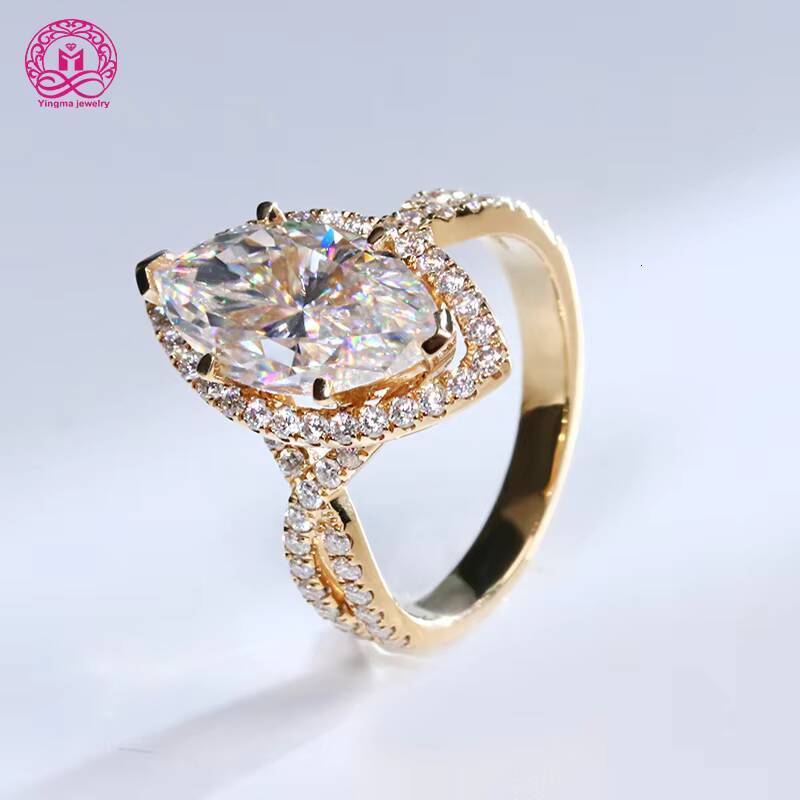 Luxury 9k 10k 14k 18k Solid Gold Moissanite Ring Marquise Cut 4Ct 15x75mm Moissanite Jewelry Engagement Ring for Gifts