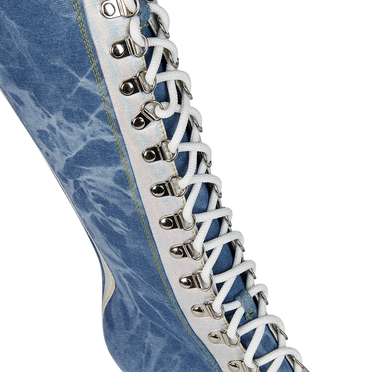 Chengdu Craftsmanship Washed Denim Western Boots 8.5cm Wedge Heel Lace Up Knee High Boots