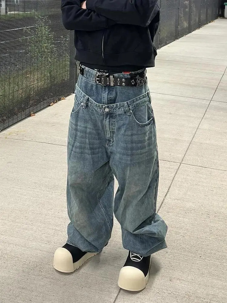 American double waist women jeans Y2k retro high street lazy style floor wide-leg pants for men and women 251225