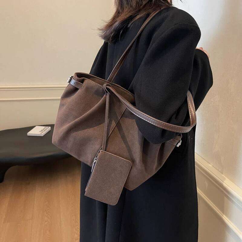 Classic Faux Suede Shoulder Bags Solid Zipper High Quality Commute Style Handbags For Women 2026 Fashion Large Capacity