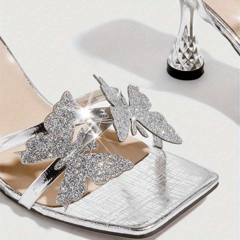 Elegant Silvery Sandals Women Round Three Dimensional Flower Design High Heel Pointed Toe Buckle Closure Non Woven Fabric Upper Perfect For Parties MO