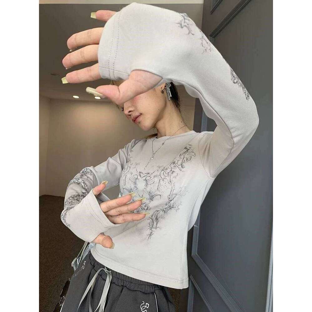 Retro Y2K T-shirt 2025 Blusas round neck long sleeved printed waistcoat women's clothing fashion casual crop to