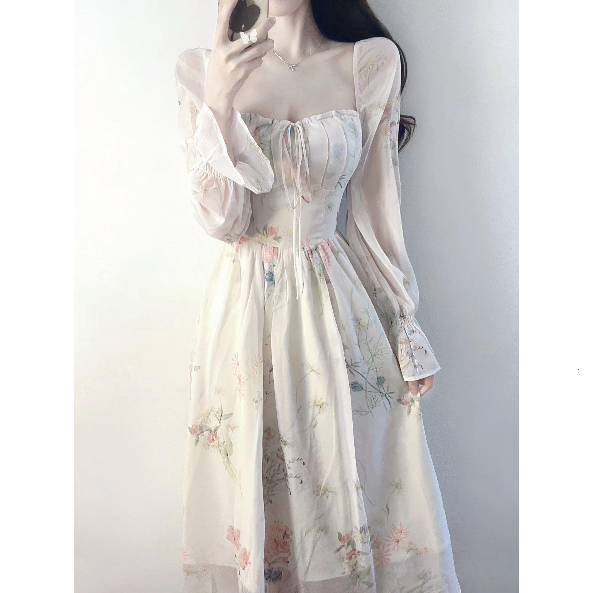 Urban Sexy And Luxurious Women's French-style Floral Dress 2026 Early Spring New Model High-end Elegant Long Dress Waist Cinched, Fairy-like Dres