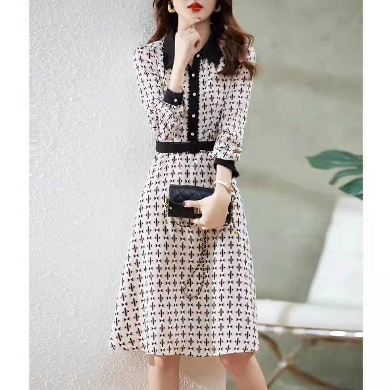 New Trendy Color-blocked Patchwork Pattern Casual And Simple Fitted Chiffon Long-sleeved Dress Shirt Dress Elegant Lady's Dress