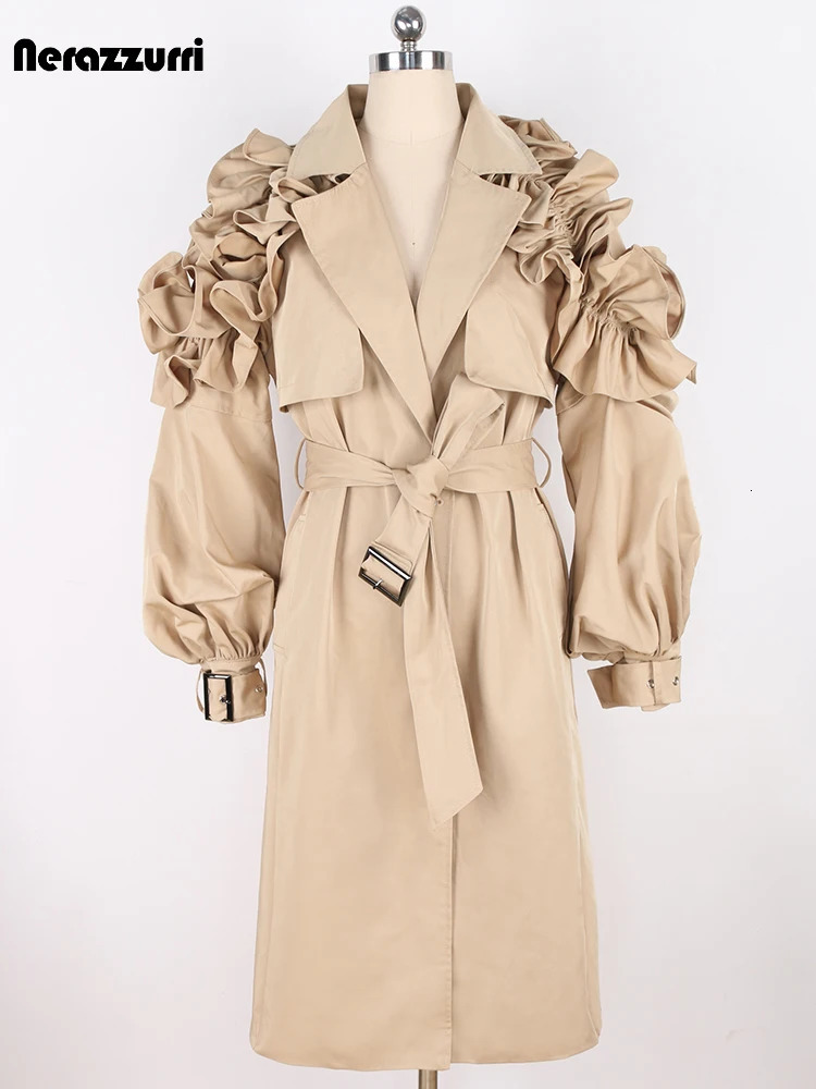 Nerazzurri Spring Autumn Runway Ruffled Khaki Long Trench Coat for Women Belt Elegant Chic Modest Clothes 2024 251231