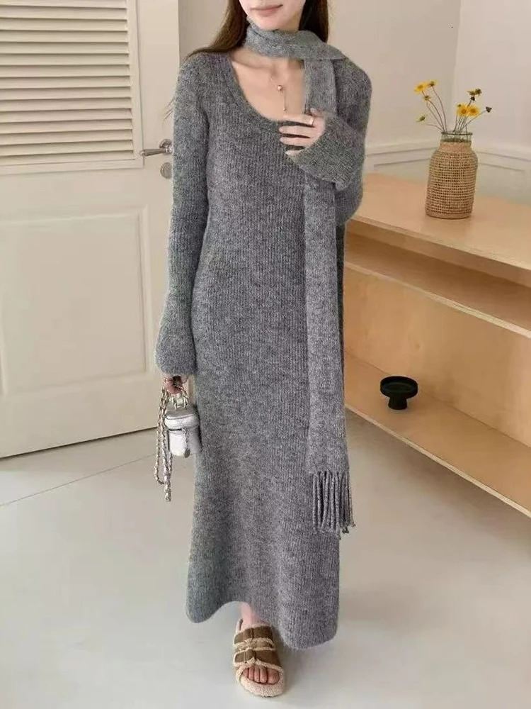 Vintage Knitted Midi Dress Y2K Autumn Slim with Scarf Long Sleeve Dress Female Korean Streetwear Chic All Match Female Vestidos 251225