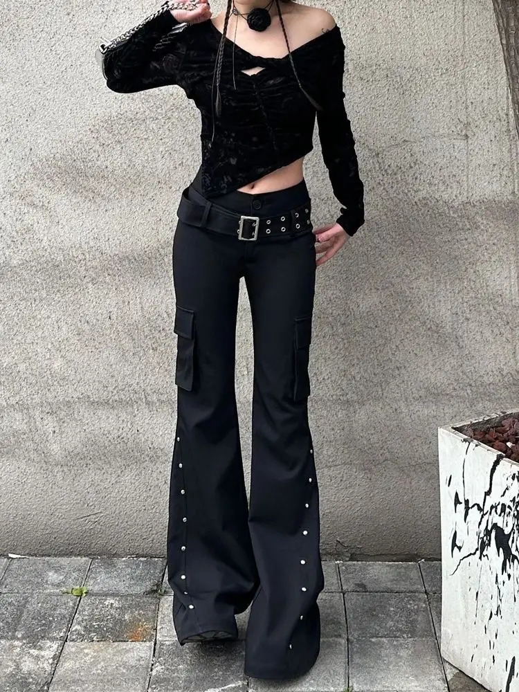 Retro pure black rivet belt decorative slim pants for women y2k Harajuku Goth low-waisted flared pants 251226