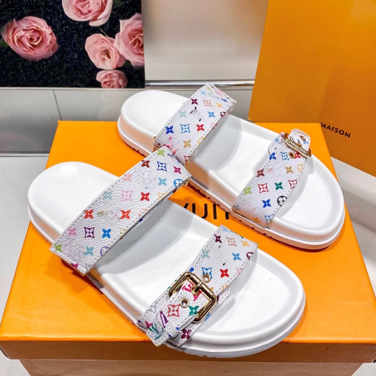 Free shipping limited edition 2026 colored flat sandals with thick soles wearing beach shoes on the outside